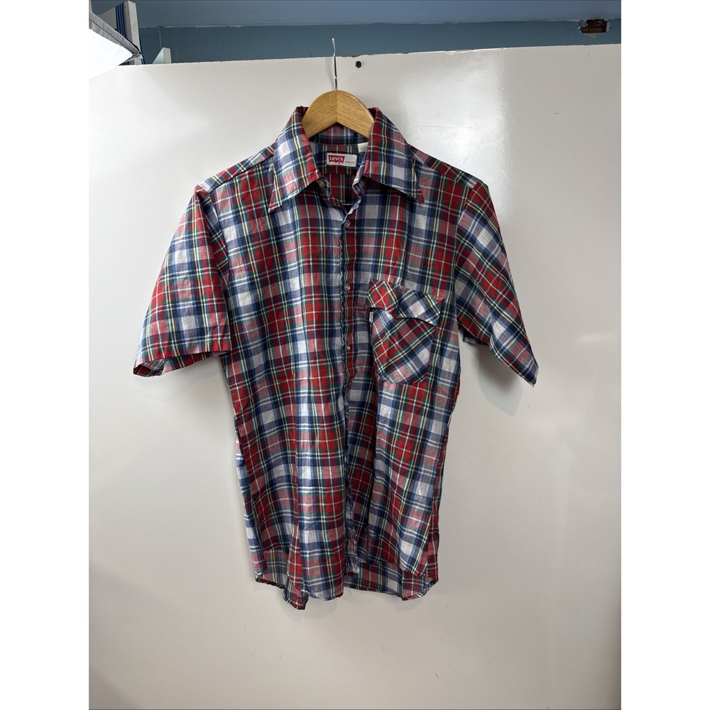 Vtg 1999 Levi's Men's Classic Button Plaid Red Geometric Shirt M Made USA 57665